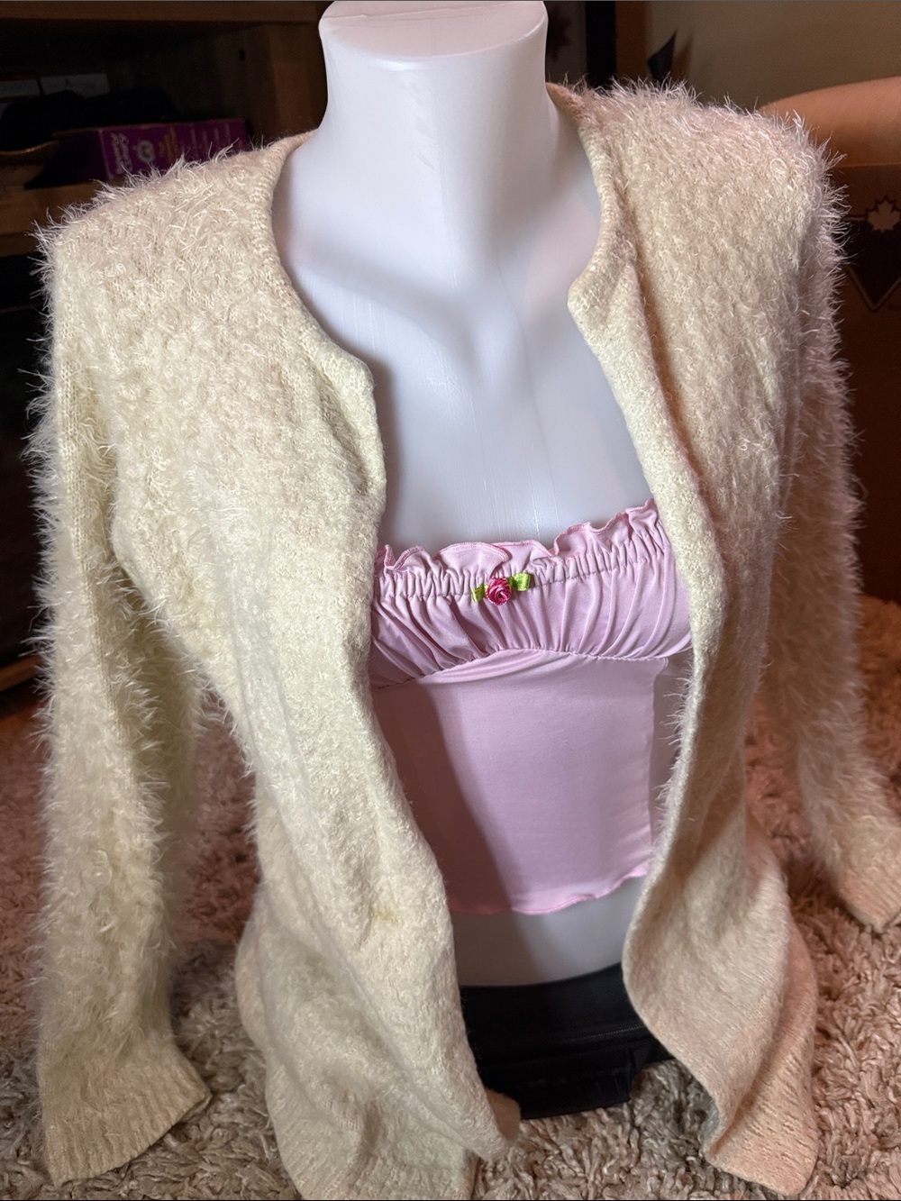 3/$30 Forever 21 Cream Fuzzy Open Front Cardigan Eyelash Knit Sweater Small